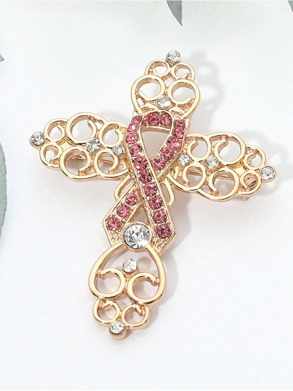 Pink Ribbon Cross Brooch - Gold Tone Women’s Jewelry